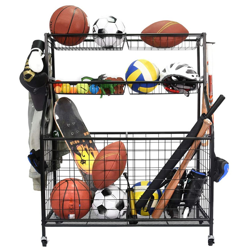 3-Tier Metal Garage Sports Equipment Organizer, Ball Storage Rack, Sports Gear Basketball Storage with Baskets and Hooks