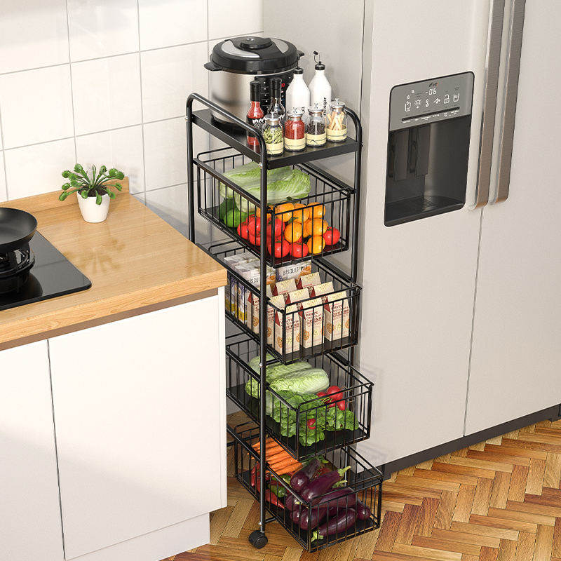 Wholesale multi-layer Kitchen Metal Rolling Storage Craft Rack Shelf with drawer Basket and Wheels for bathroom living room