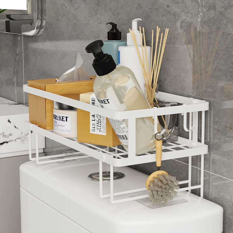 Wall mounted 2 tier metal utility corner bathroom organizer over the toilet storage shelf with paper holder