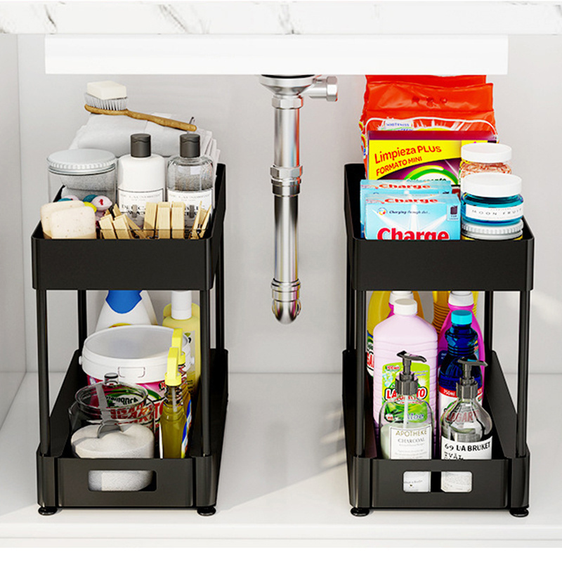 Home and Kitchen 2 Tier Pull Out Organizers Bathroom Collection Baskets Under Sink Storage Shelf Organizer Rack with Hooks