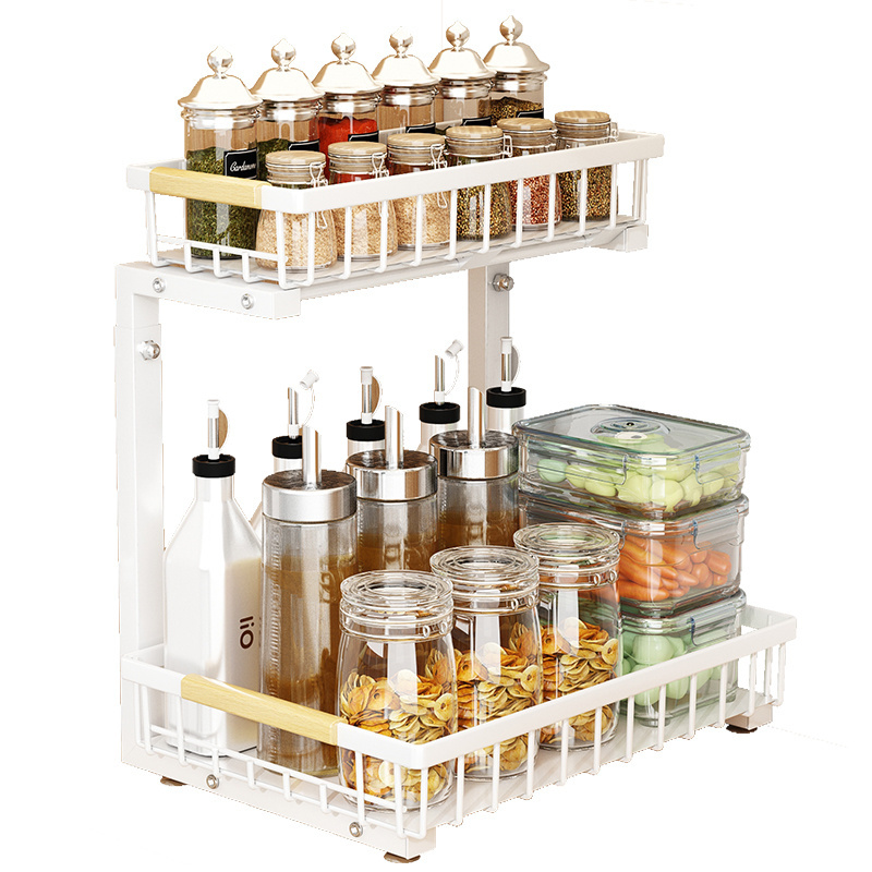 Metal Pull Out Cabinet Organizer Adjustable 2 Tier Sliding Drawer Under Bathroom Sink Storage Shelf Spice Rack