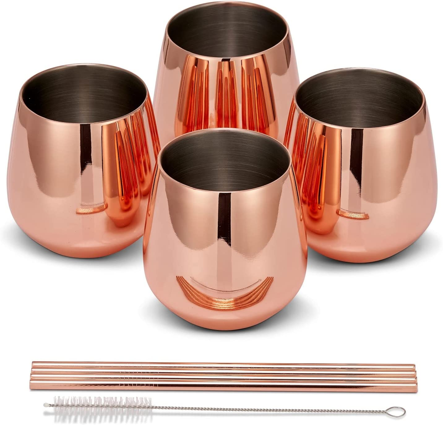 18oz Rose Gold Wine Tumbler Cups Stainless Steel Wine Glasses with Straw, Stemless Metal Copper Tumbler Drinking Glass