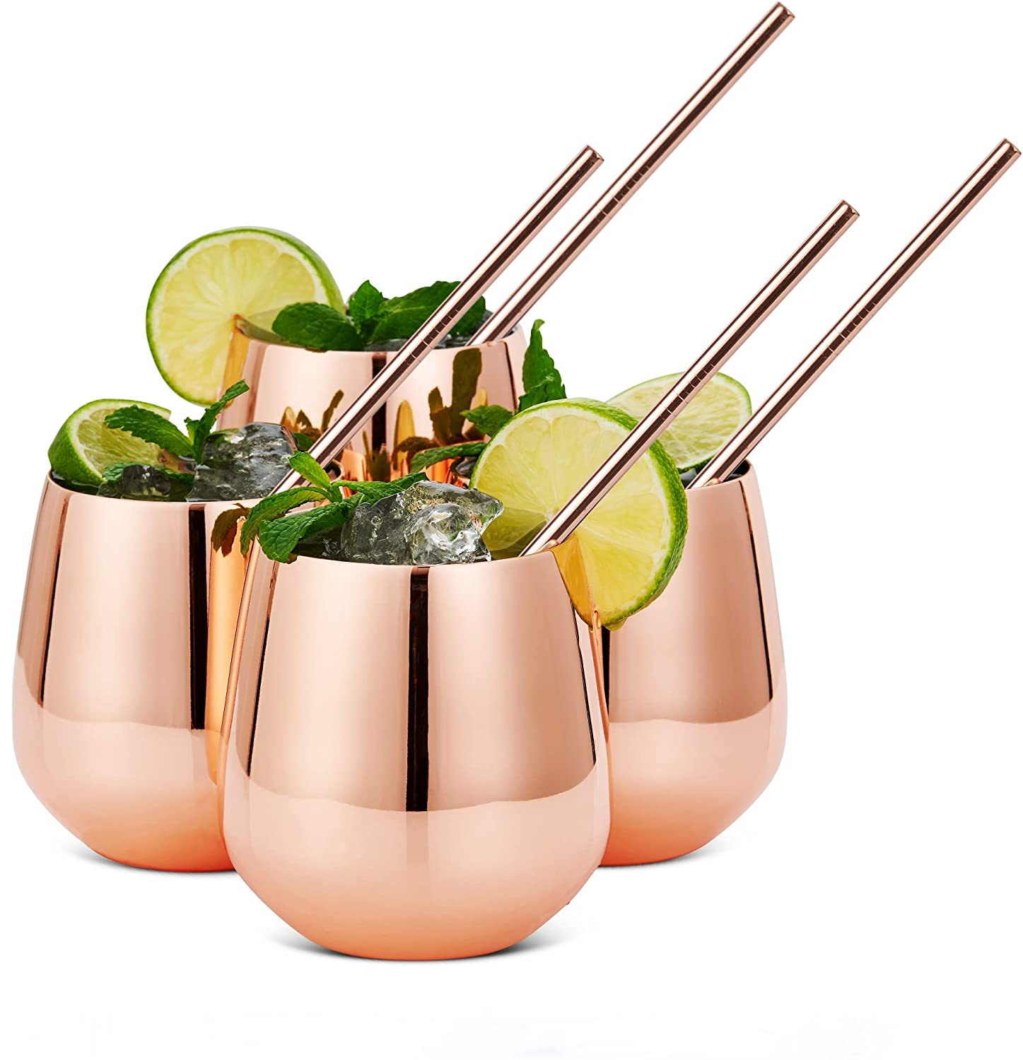 18oz Rose Gold Wine Tumbler Cups Stainless Steel Wine Glasses with Straw, Stemless Metal Copper Tumbler Drinking Glass