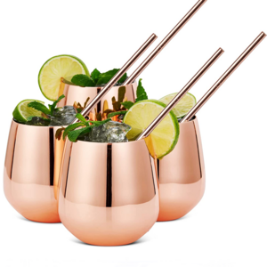 18oz Rose Gold Wine Tumbler Cups Stainless Steel Wine Glasses with Straw, Stemless Metal Copper Tumbler Drinking Glass