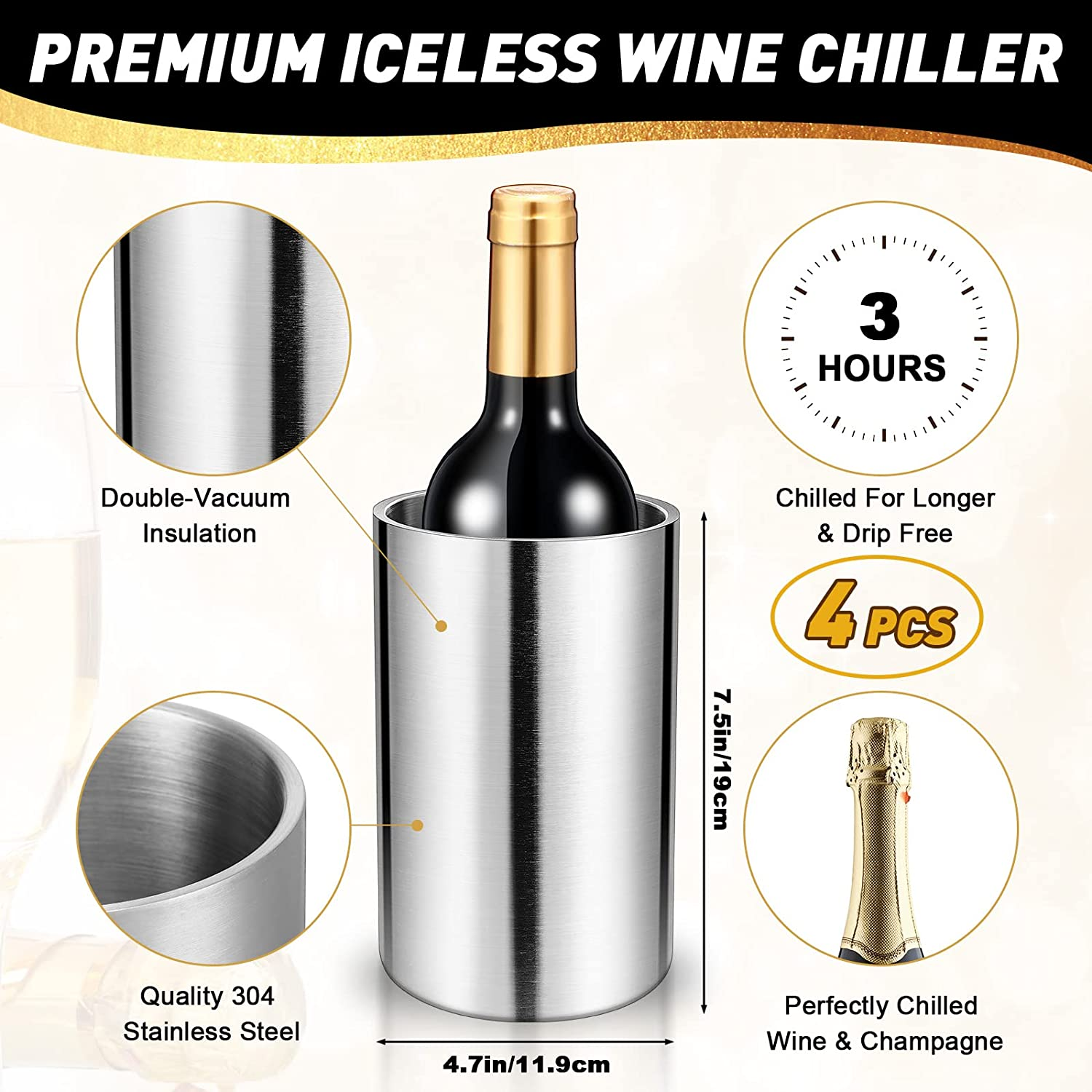 Wine Bottle Chiller Stainless Steel Double Walled Insulated Wine Cooler Bucket Champagne Ice Bucket Round for 750ml Bottles