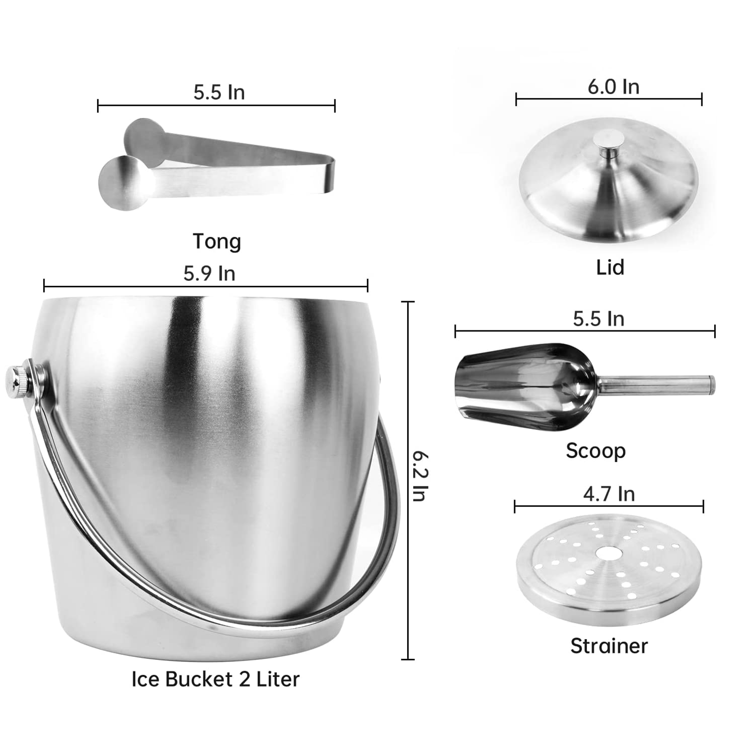 2L Stainless Steel Insulated Ice Bucket with Lid, Tongs, Scoop and Strainer Champagne Bucket Bar Wine Accessories for Parties