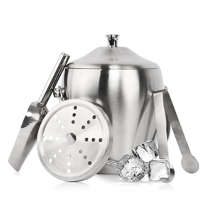 2L Stainless Steel Insulated Ice Bucket with Lid, Tongs, Scoop and Strainer Champagne Bucket Bar Wine Accessories for Parties