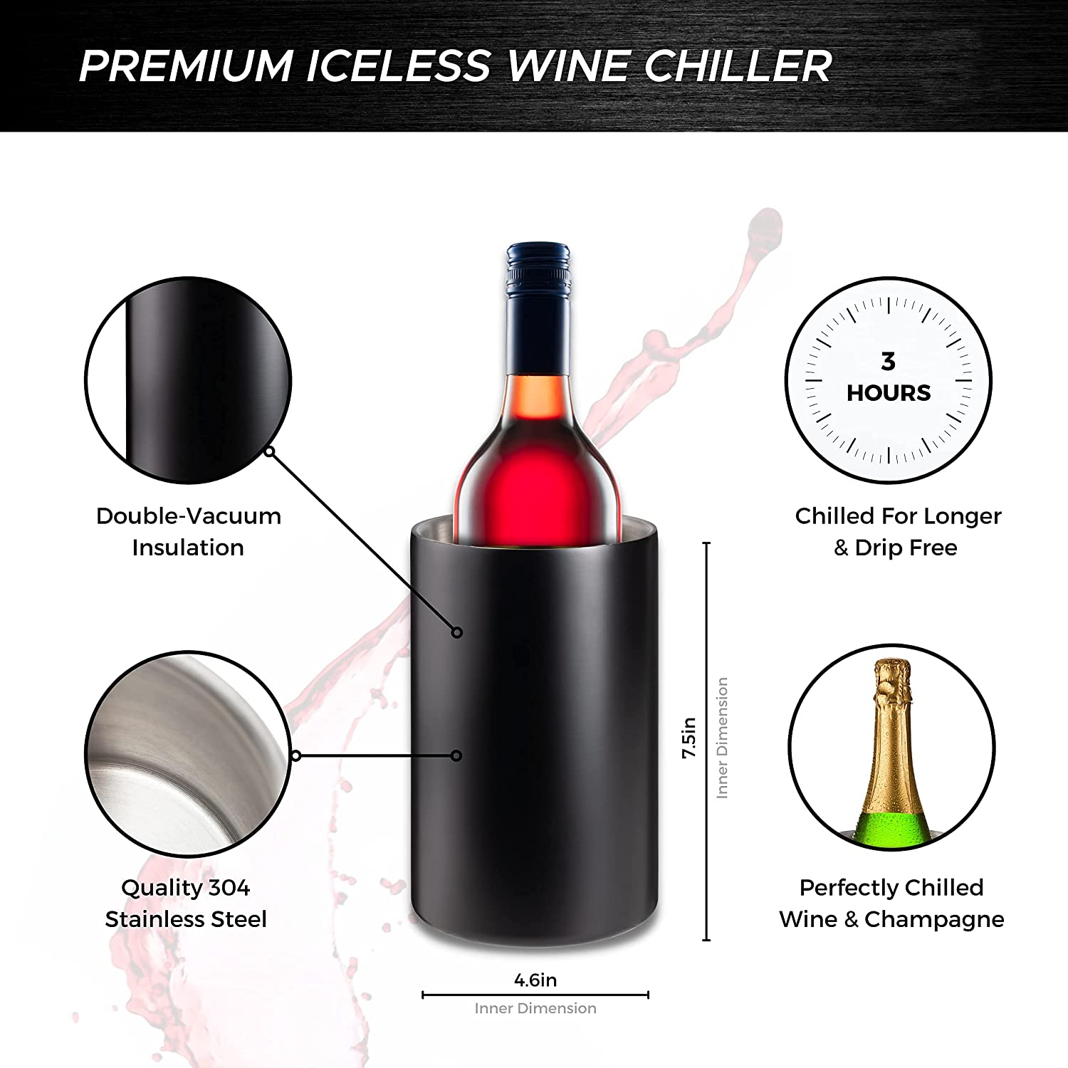 Premium Iceless Wine Chiller Bucket Stainless Steel Double Wall White Wine Bottle Cooler Insulated Champagne Beer Ice Bucket