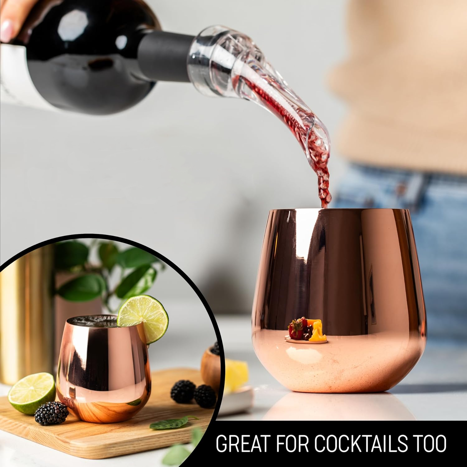 Large&Elegant Stainless Steel Wine Glass Stemless Goblets Stainless Steel Stemless Wine Tumbler Shatterproof Metal Drinking Cup