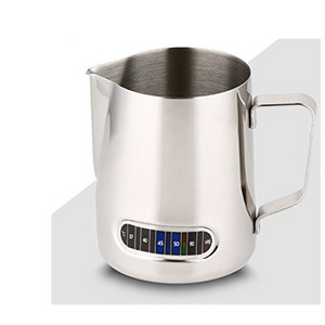 Sample Available Wholesale Stainless steel metal Espresso Latte coffee milk pitcher with Thermometer Measuring jug cup