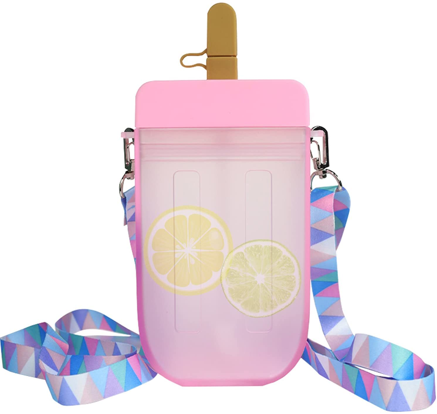 Leakproof BPA Free Cute Girls Water Bottle with Straw 300ml Ice Cream Popsicle Drinking Cups Adjustable Shoulder Strap for Kids