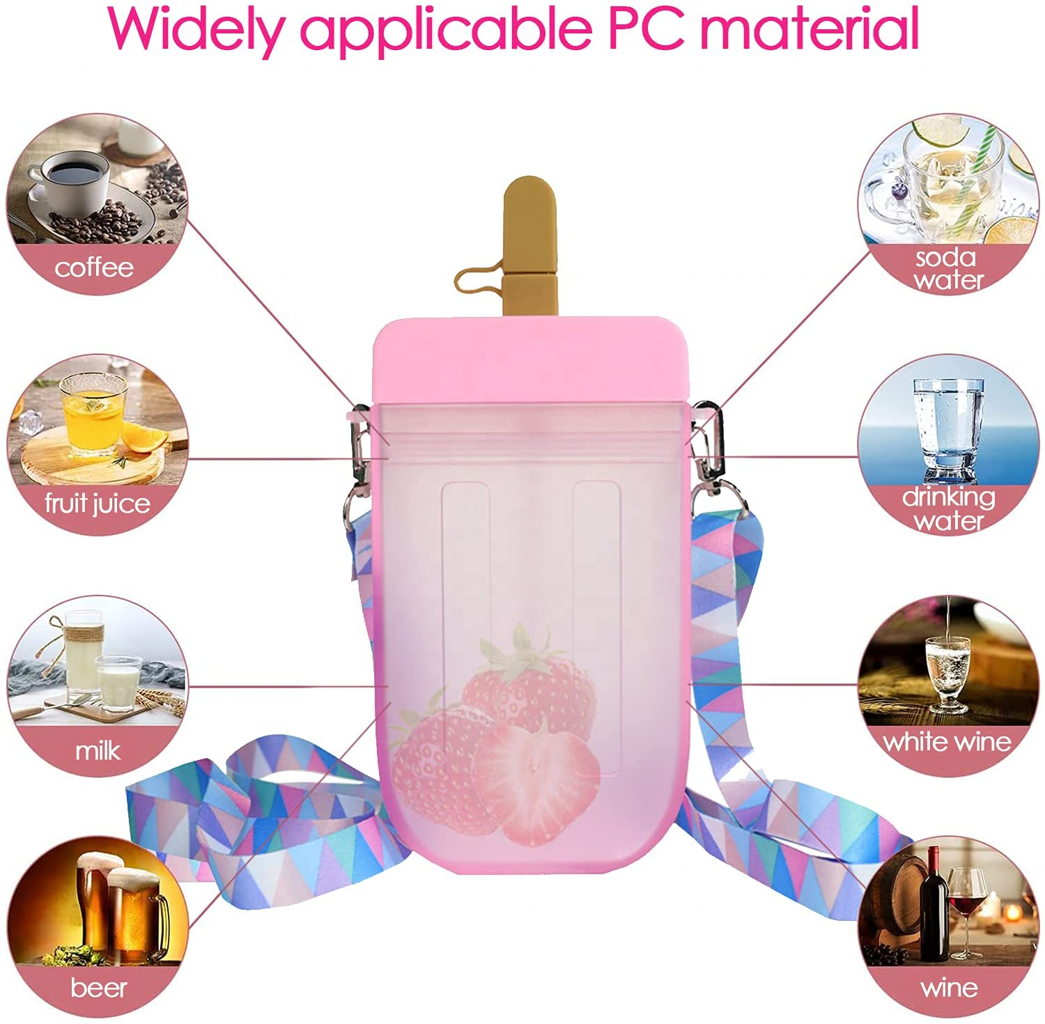 Leakproof BPA Free Cute Girls Water Bottle with Straw 300ml Ice Cream Popsicle Drinking Cups Adjustable Shoulder Strap for Kids