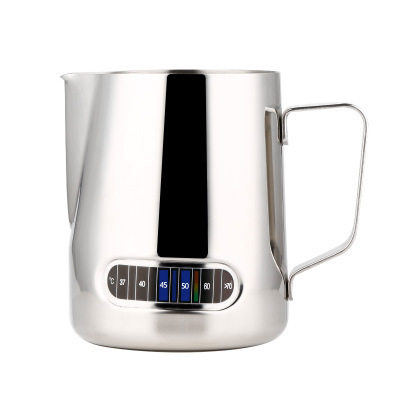 Sample Available Wholesale Stainless steel metal Espresso Latte coffee milk pitcher with Thermometer Measuring jug cup