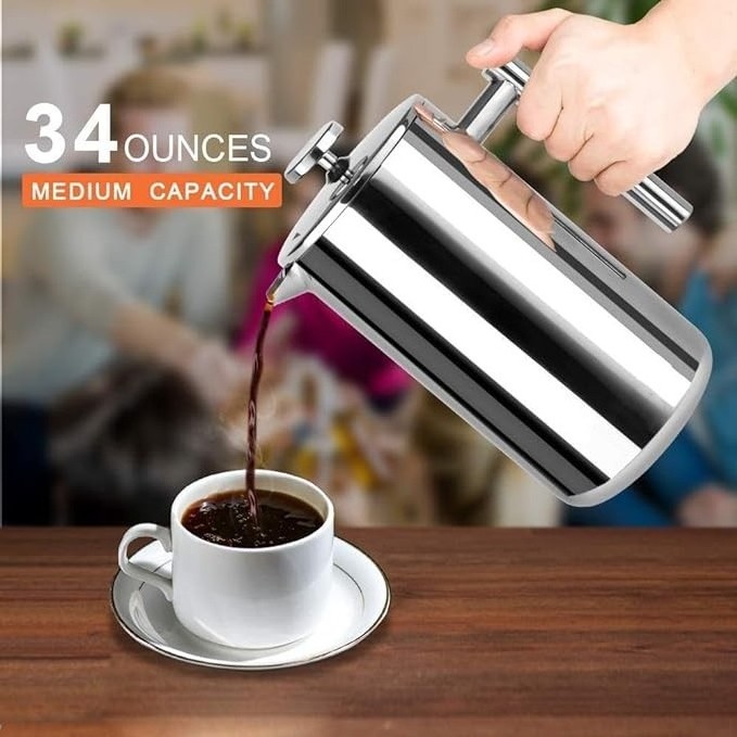 Portable Metal French Press for Coffee,Tea,34OZ Double Wall Vacuum Insulated Coffee Maker Pot for Party,Picnic