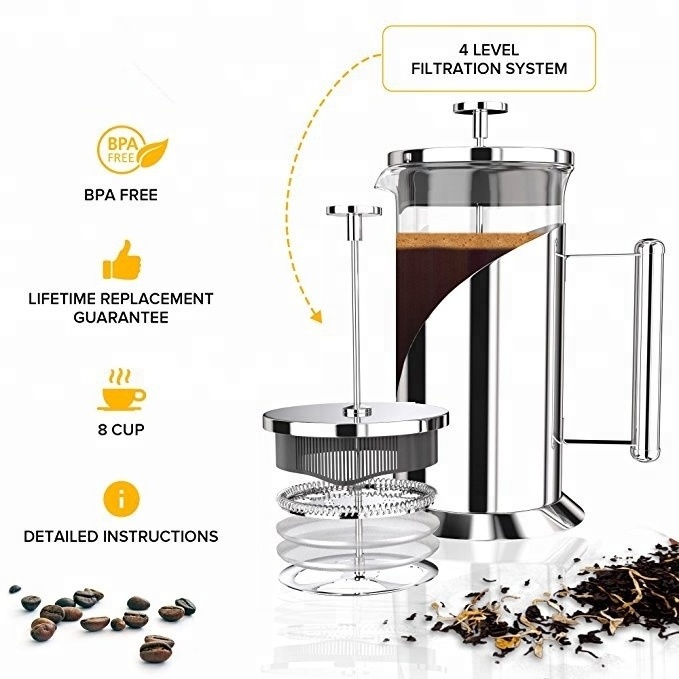 304 stainless steel large french press coffee maker 4 level filtration system french coffee press maker