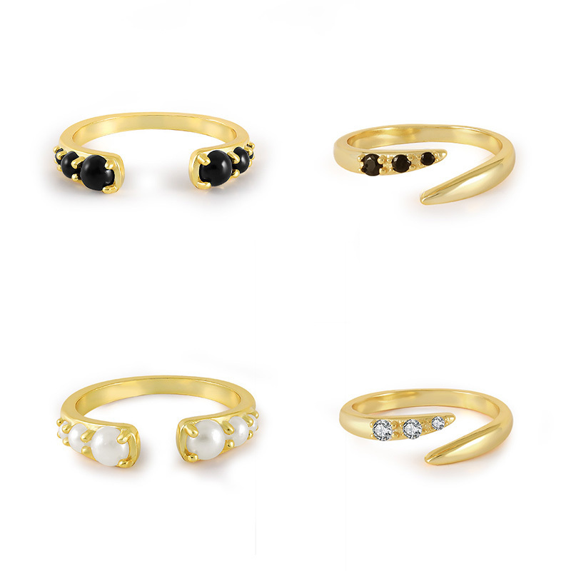 GRECIA Retro Ring For Women Geometric 5A Black White Zircon Pearl Gold Plated Open Rings