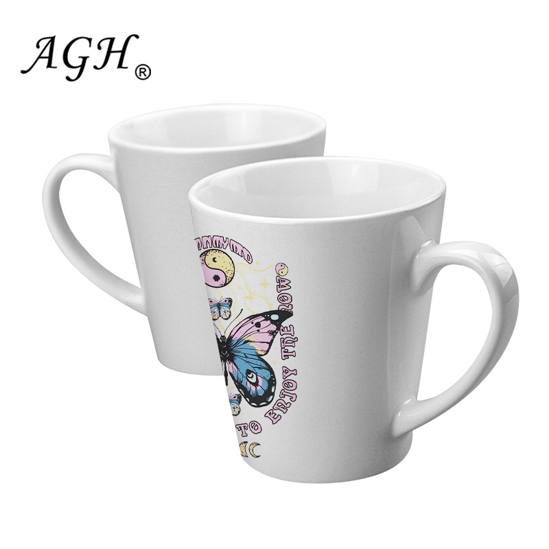 China warehouse Wholesale High Quality Printable 12oz Cone Ceramic Mugs Sublimation White Blank Coffee Milk Tea cup  with Handle