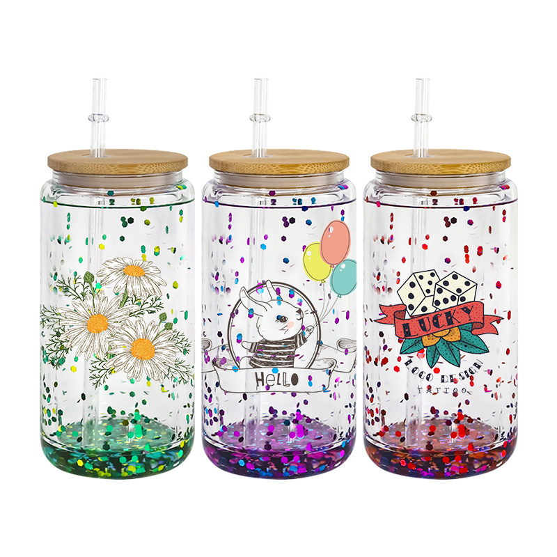 USA Warehouse Double Wall Sublimation 16oz 25oz Clear Glass Can Blank DIY Snow Globe Tumblers with Bamboo Lid and Straw