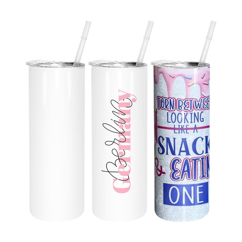 USA Warehouse Available 20oz Glossy White Sublimation Blank Double Wall Stainless Steel Skinny Tumbler With Plastic Straw