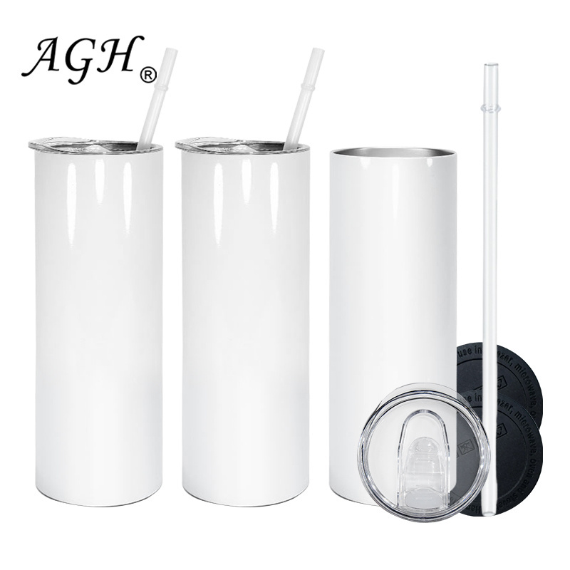 USA Warehouse Available 20oz Glossy White Sublimation Blank Double Wall Stainless Steel Skinny Tumbler With Plastic Straw