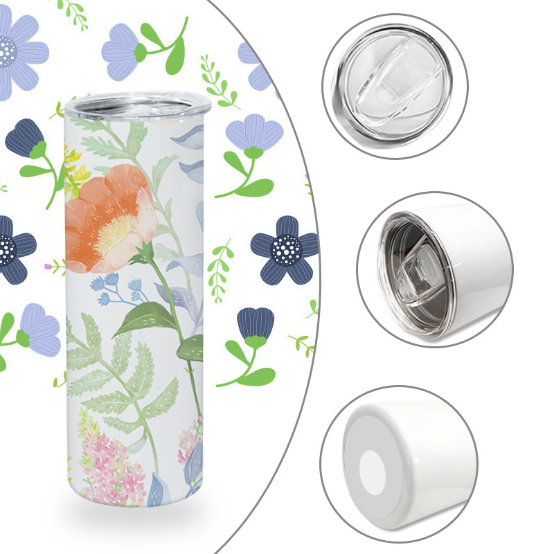 USA Warehouse Available 20oz Glossy White Sublimation Blank Double Wall Stainless Steel Skinny Tumbler With Plastic Straw