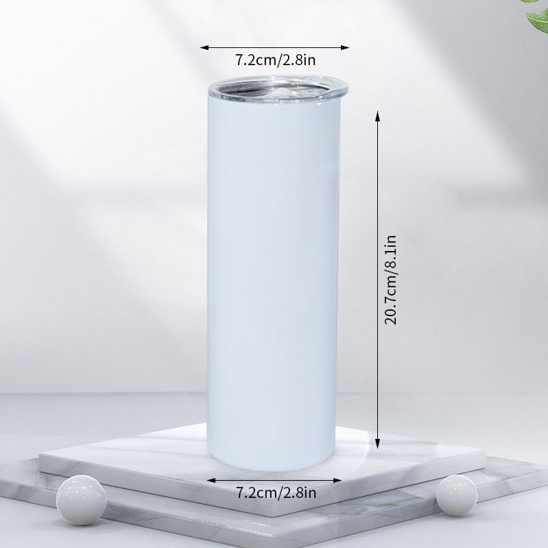 USA Warehouse Available 20oz Glossy White Sublimation Blank Double Wall Stainless Steel Skinny Tumbler With Plastic Straw