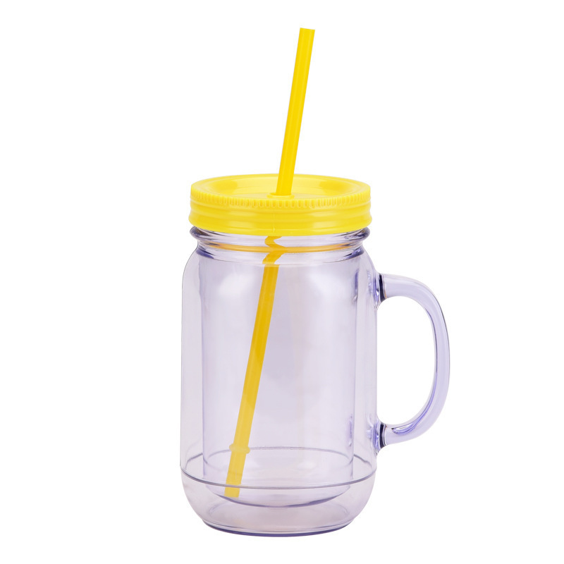 Mason Jar 20oz Plastic Cup Transparent&Pure Color Series Drinking Water Bottle With Handle Daily Canned Mug Cup With Straw