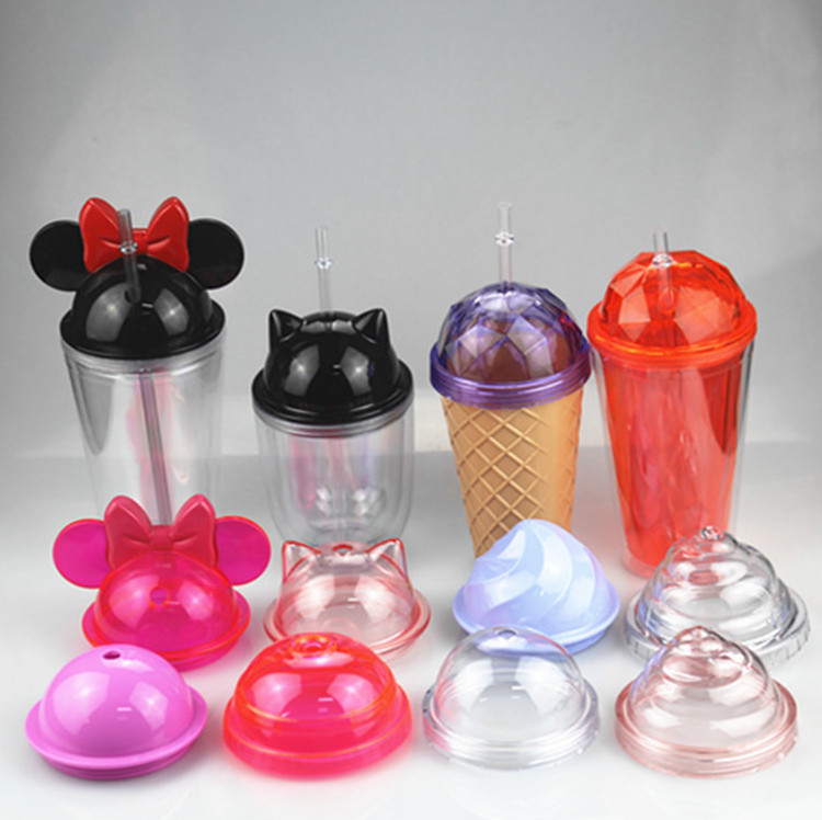 Wholesale small cartoon mouse cup 14oz cat dome plastic bottle double wall clear acrylic mouse ear tumbler with lid and straw