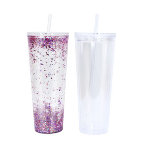 USA CN Warehouse DIY Pre-drilled Double Wall 24oz Clear Acrylic Tumbler Reusable Plastic Tumbler with Straw and Stopper