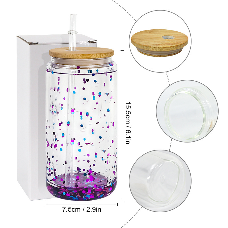 USA Warehouse Double Wall Sublimation 16oz 25oz Clear Glass Can Blank DIY Snow Globe Tumblers with Bamboo Lid and Straw