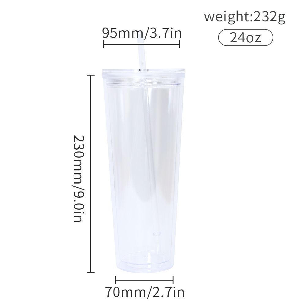 USA CN Warehouse DIY Pre-drilled Double Wall 24oz Clear Acrylic Tumbler Reusable Plastic Tumbler with Straw and Stopper