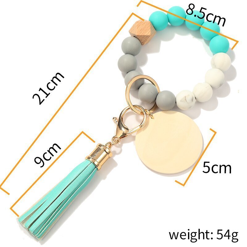 Top Selling Colorful Monogram Leather Tassel Bracelet Keychains Silicone Bead Wristlet Wood Blank Disc For Keychain