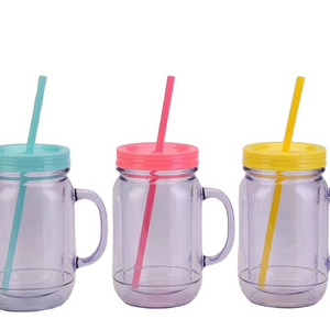 Customized plastic mason jar with lids and straw mason jar bottle drinkware mug with handle provide logo print