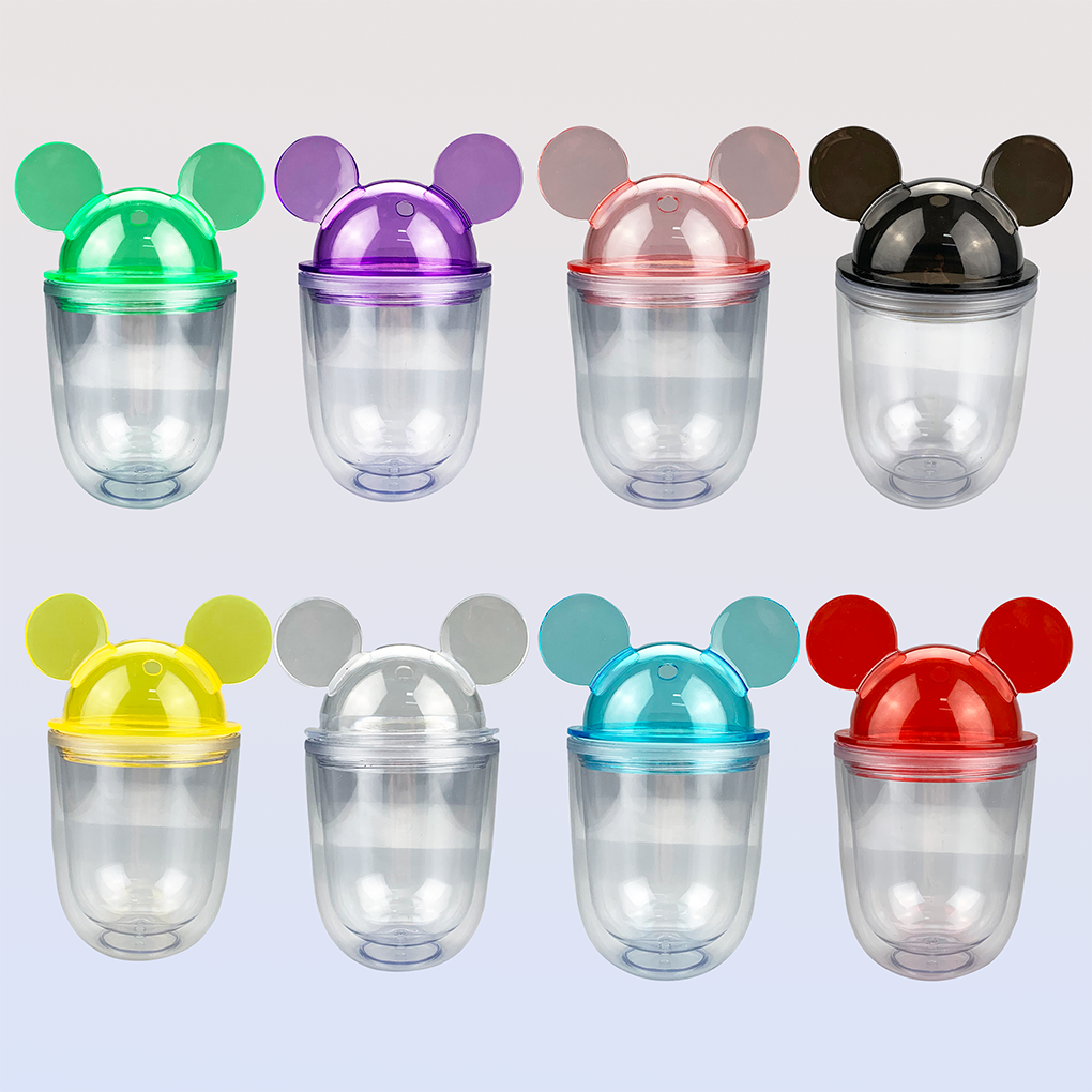 Wholesale small cartoon mouse cup 14oz cat dome plastic bottle double wall clear acrylic mouse ear tumbler with lid and straw