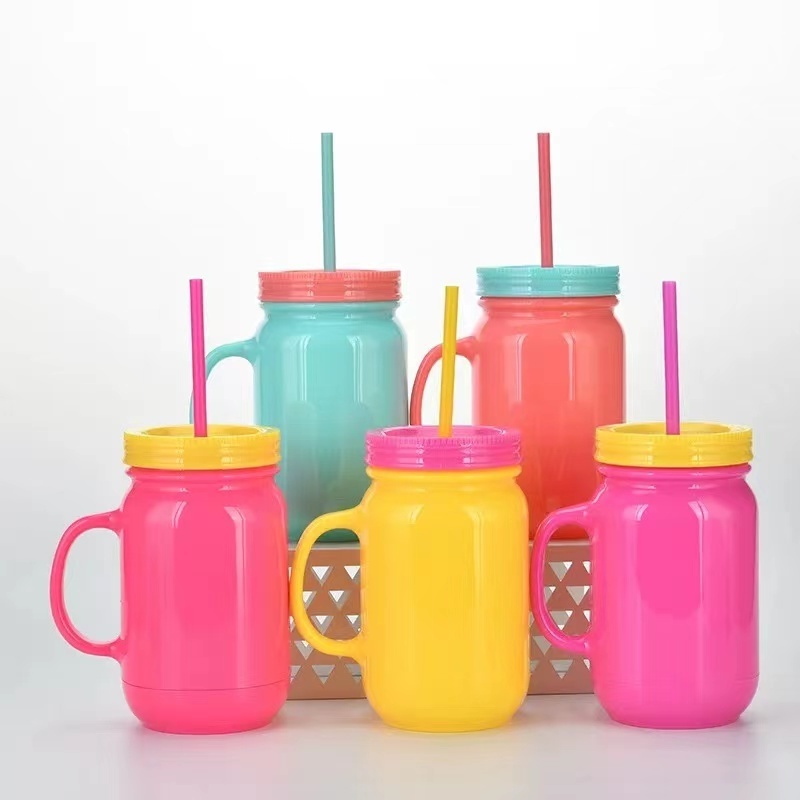 Customized plastic mason jar with lids and straw mason jar bottle drinkware mug with handle provide logo print