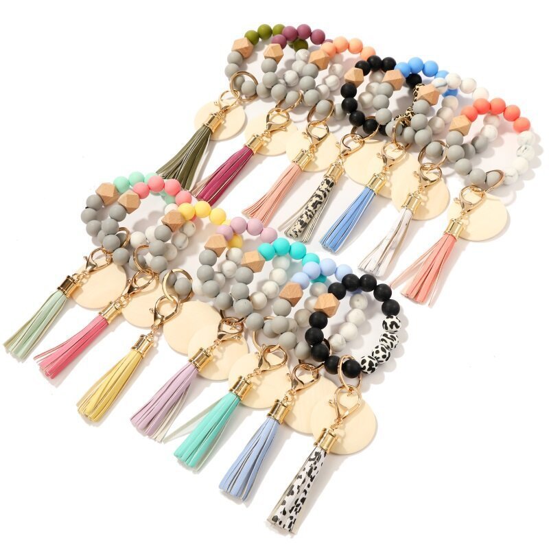 Top Selling Colorful Monogram Leather Tassel Bracelet Keychains Silicone Bead Wristlet Wood Blank Disc For Keychain