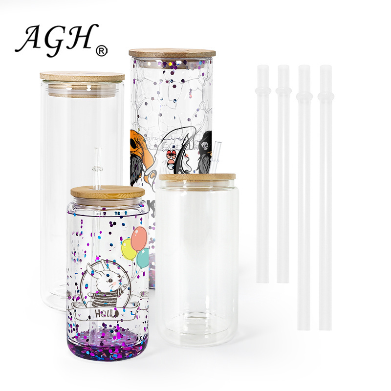 USA Warehouse Double Wall Sublimation 16oz 25oz Clear Glass Can Blank DIY Snow Globe Tumblers with Bamboo Lid and Straw