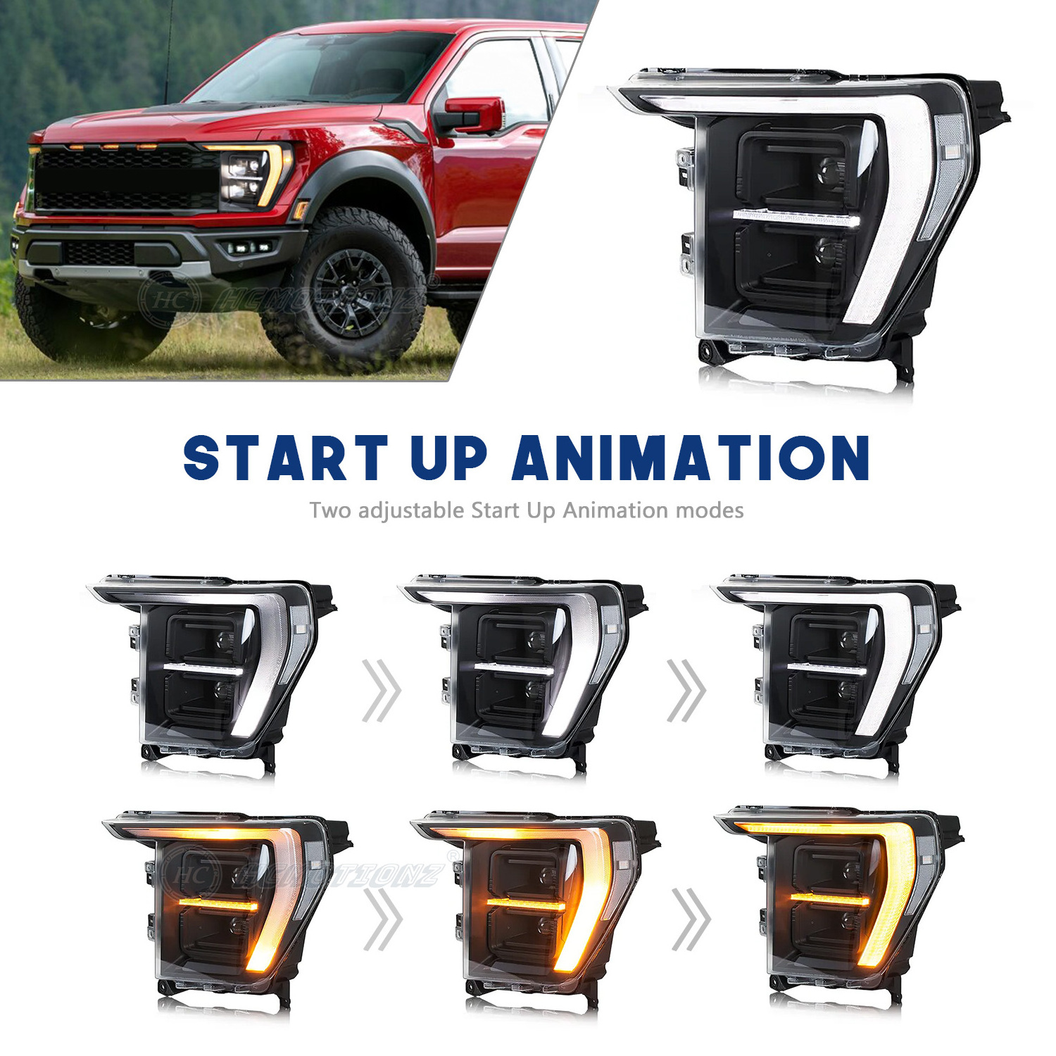 HCMOTIONZ Car Front Lamps Assembly 2021-2024 F-150 Yellow White DRL Start UP Animation LED Headlights for Ford F150