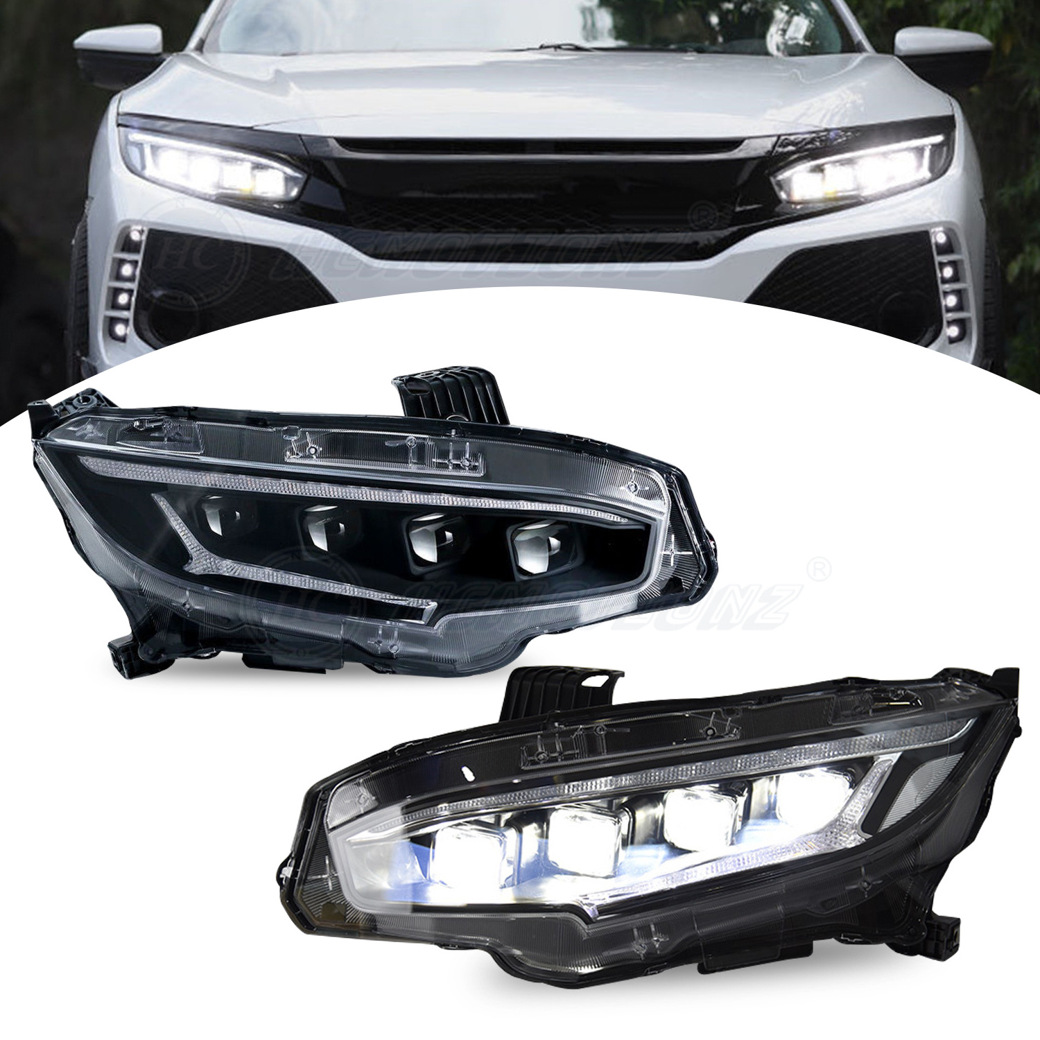 HCMOTIONZ Auto parts Front Lamps 10th Gen 2016-2021 Plug and play Blue Running DRL 4 Lens LED Headlights For Honda Civic