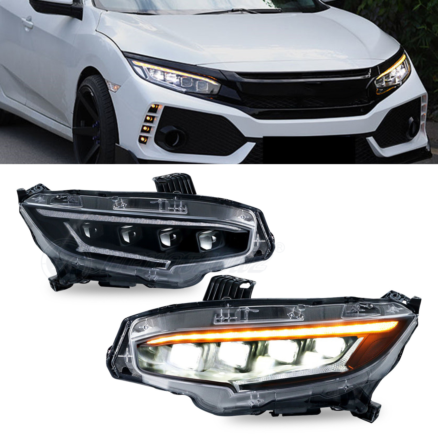 HCMOTIONZ Auto parts Front Lamps 10th Gen 2016-2021 Plug and play Blue Running DRL 4 Lens LED Headlights For Honda Civic