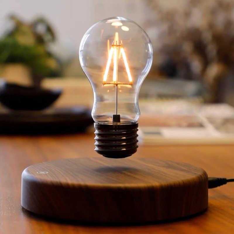 Levitating Light Bulb Rotating Floating Bulb Wood Table Lamp Unique Gifts Home Decoration