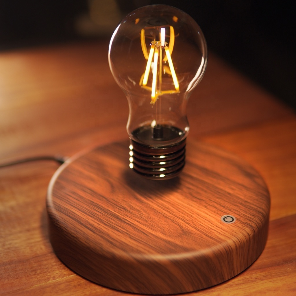 Levitating Light Bulb Rotating Floating Bulb Wood Table Lamp Unique Gifts Home Decoration