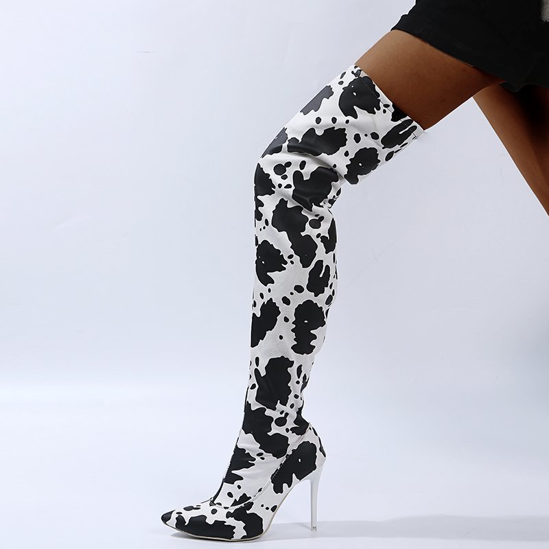 BUSY GIRL AL6002 Botas dama cow print long boots for ladies pointed thigh high boots stiletto heels thigh boots