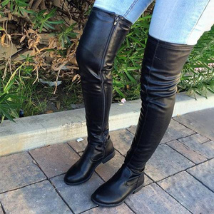 BUSY GIRL MF2111 Women's flat leather thigh high black rubber boots with zipper plus size knee high boots