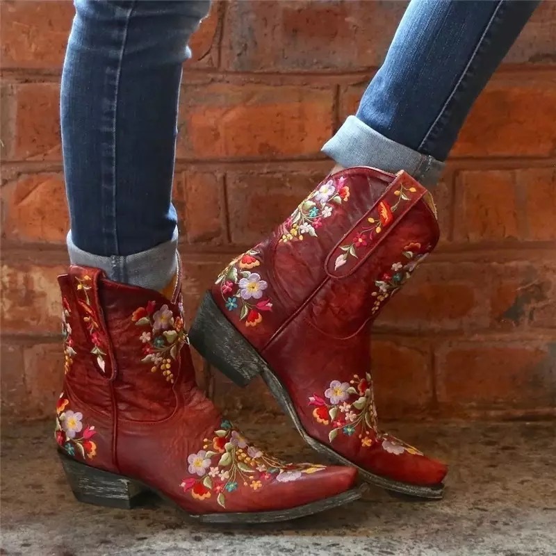 BUSY GIRL Blue Embroidery Red Pink Flower Ankle Boots Women Wide Mid-Calf Block Heels Fashion Retro Ladies Shoes Footwear