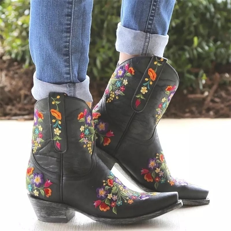 BUSY GIRL Blue Embroidery Red Pink Flower Ankle Boots Women Wide Mid-Calf Block Heels Fashion Retro Ladies Shoes Footwear