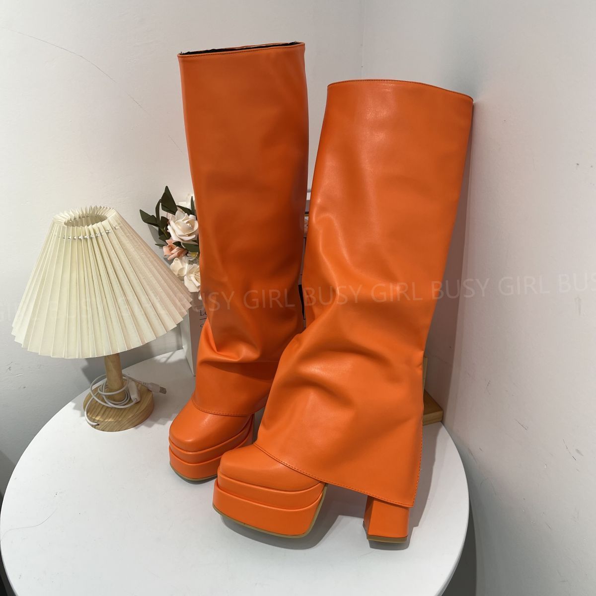 BUSY GIRL Pink Orange Boots Fold Over Chunky  Double platform Block High Heels Ladies Shoes Invisible Sleeve Knee High Boots