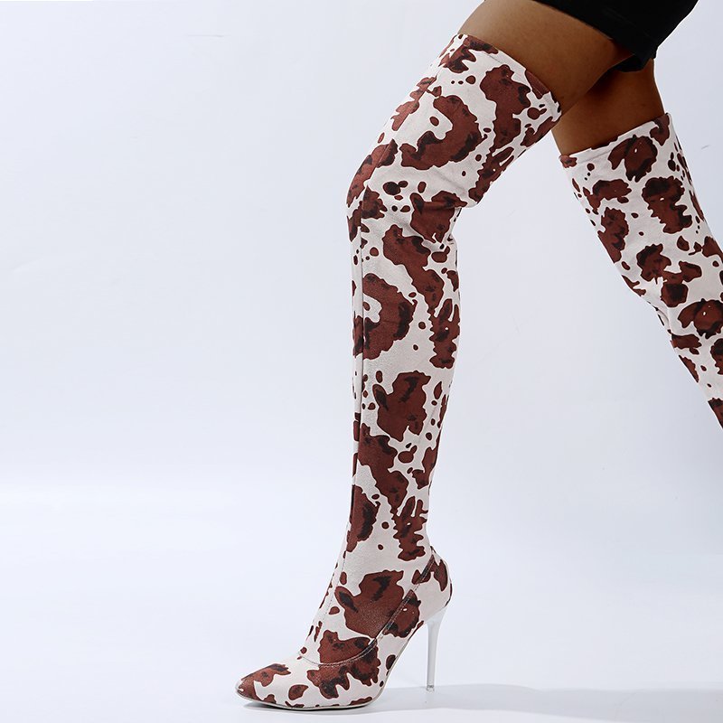 BUSY GIRL AL6002 Botas dama cow print long boots for ladies pointed thigh high boots stiletto heels thigh boots