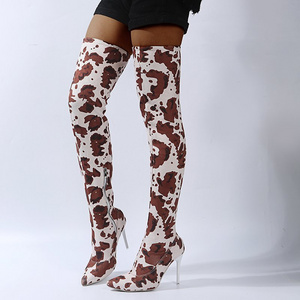 BUSY GIRL AL6002 Botas dama cow print long boots for ladies pointed thigh high boots stiletto heels thigh boots