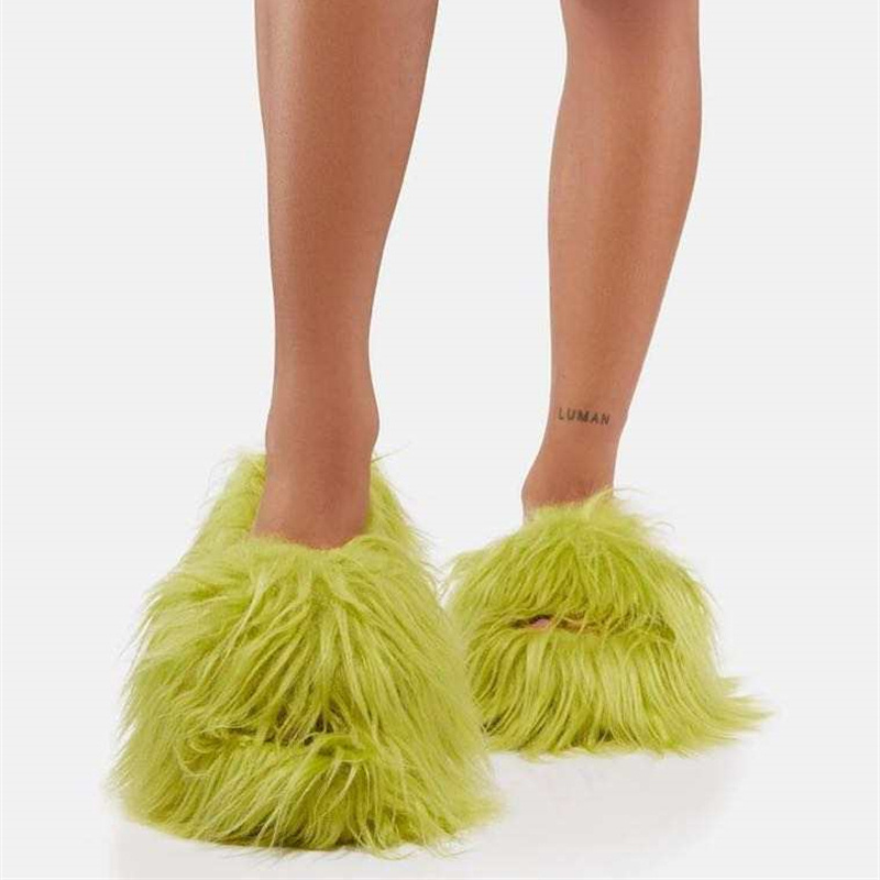 BUSY GIRL RS4814 Dropshipping Faux Mongolian Fur Slides Slippers For Women 2023 Plush Warm Winter Faux Fur Slippers Fuzzy Slides